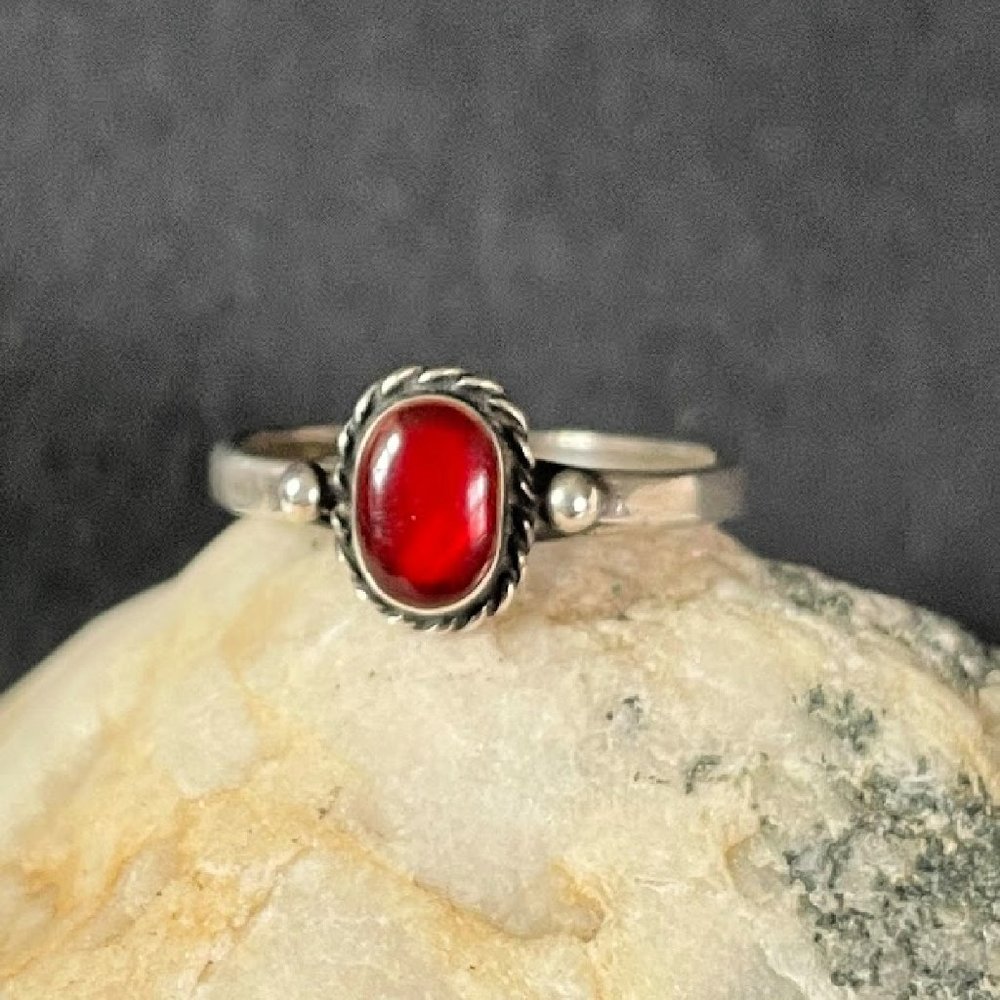 Sterling Silver and Red Cabochon Ring SZ 7, Stackable